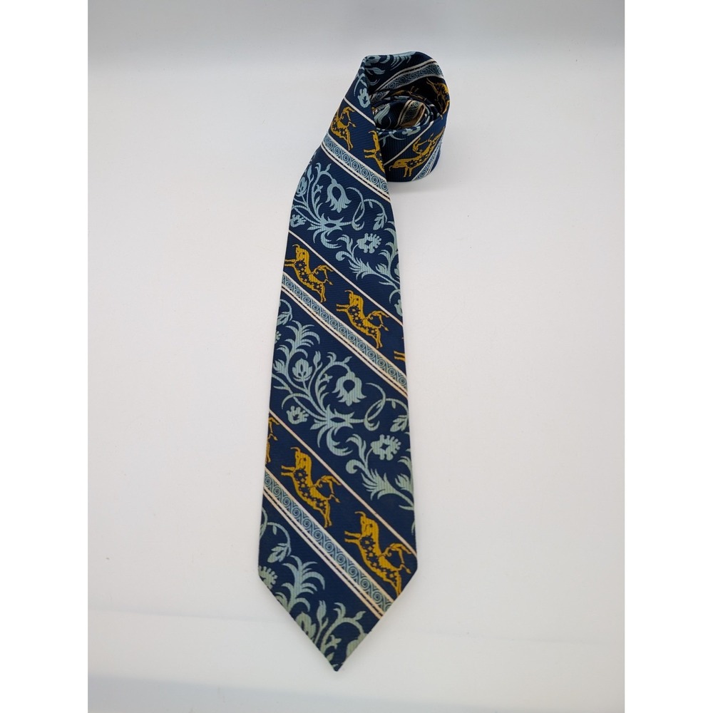 Puccini Collection Silk Tie Blue Gold Medieval Horse Floral Print Handmade 4"